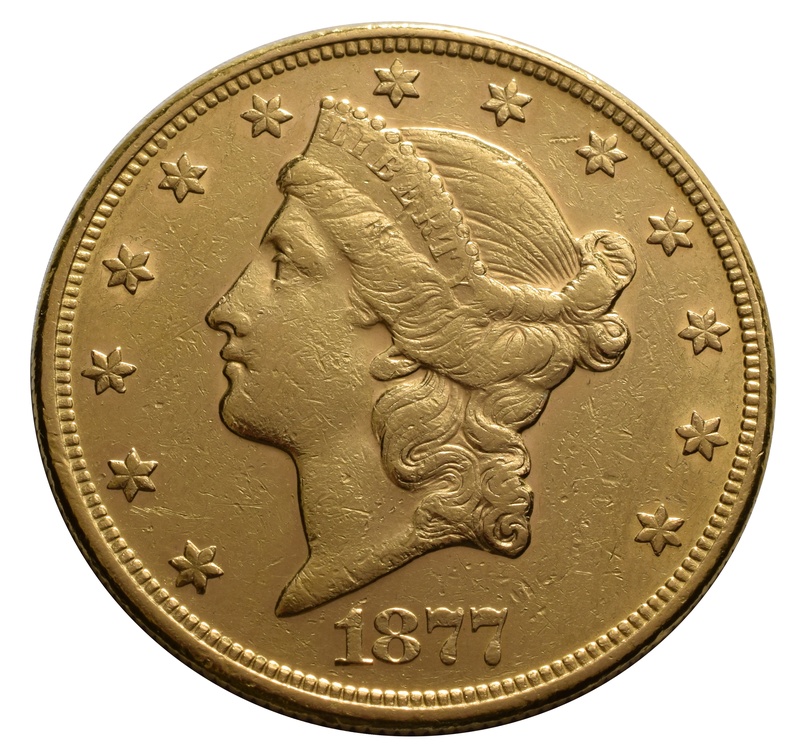 1877 $20 Double Eagle Liberty Head Gold Coin, San Fransisco