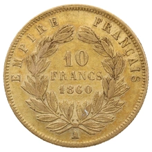 French 10 Francs Gold Coin Napoleon III Bare Head 1854-1860
