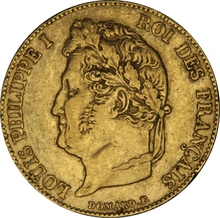 1844 French 20 Francs Gold Coin Louis-Philippe Laureate Head A