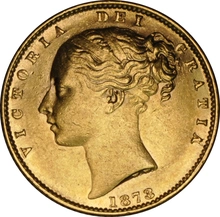 1873 Gold Sovereign Coin Queen Victoria Young Head Shield Back