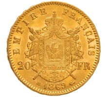 1869 20 French Francs Gold Coin Napoleon III BB