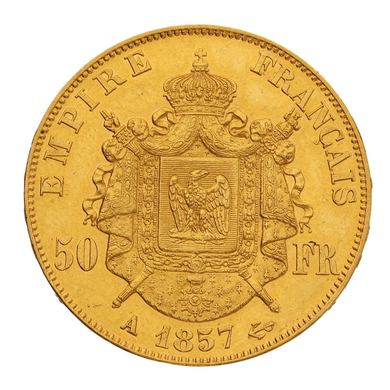 1857 French 50 Francs Gold Coin Napoleon III Bare Head A