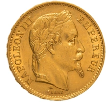 1869 French 20 Francs Gold Coin Napoleon III Laureate Head A