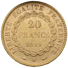 1895 20 French Francs Gold Coin Guardian Angel Genius A