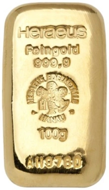 100g Gold Bar Heraeus Cast