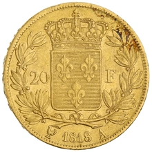 1818 French 20 Francs Gold Coin Louis XVIII Bare Head A