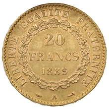1889 20 French Francs Gold Coin Guardian Angel Genius A