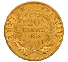 1858 French 20 Francs Gold Coin Napoleon III Bare Head BB
