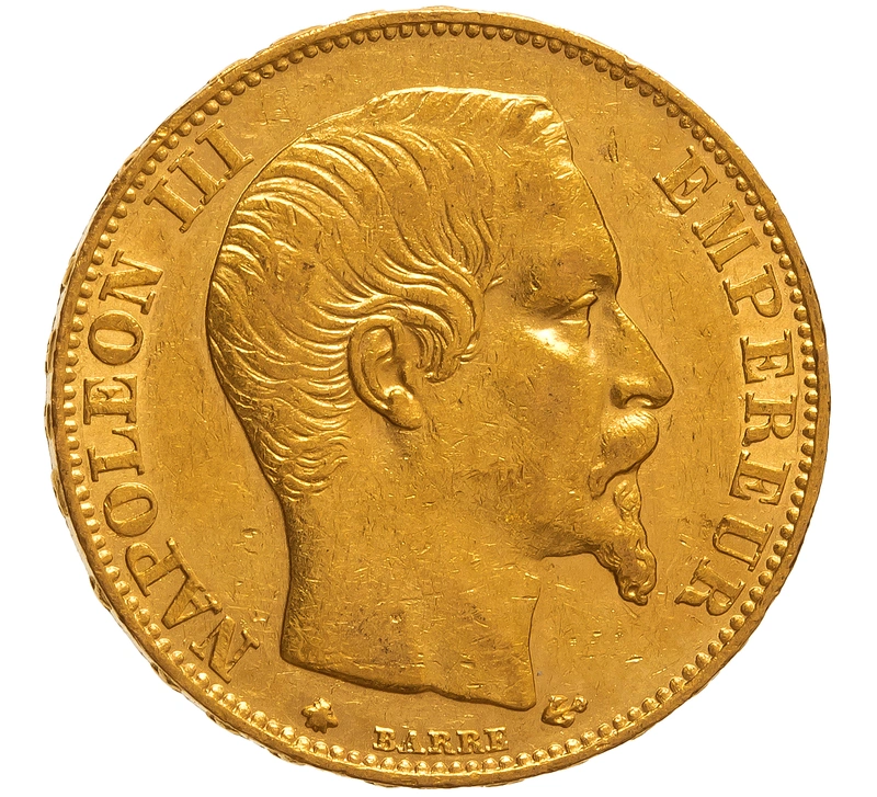 1858 French 20 Francs Gold Coin Napoleon III Bare Head BB