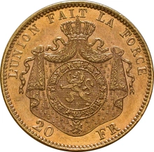 1870-1882 Belgian 20 Francs Gold Coin Leopold II Type 2