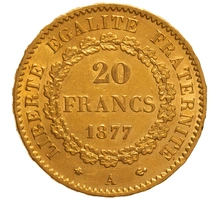 1877 20 French Francs Gold Coin Guardian Angel Genius A
