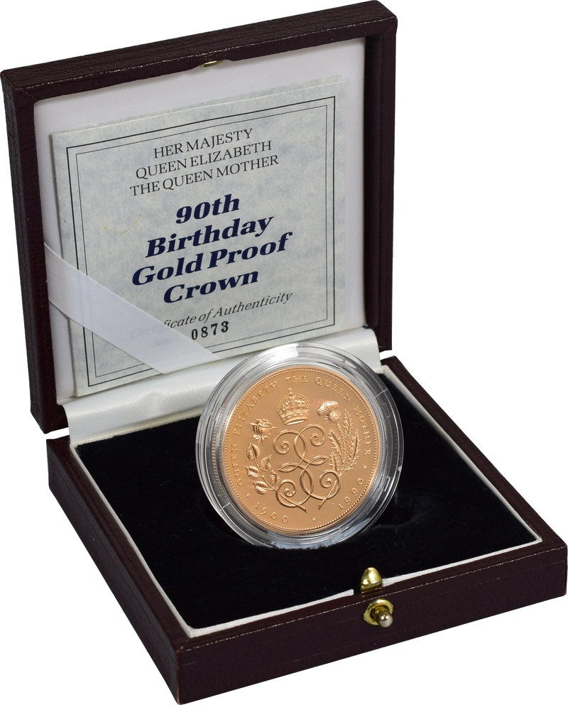1990 Proof £5 Gold Crown Coin Queen Mother 90th Birthday Boxed