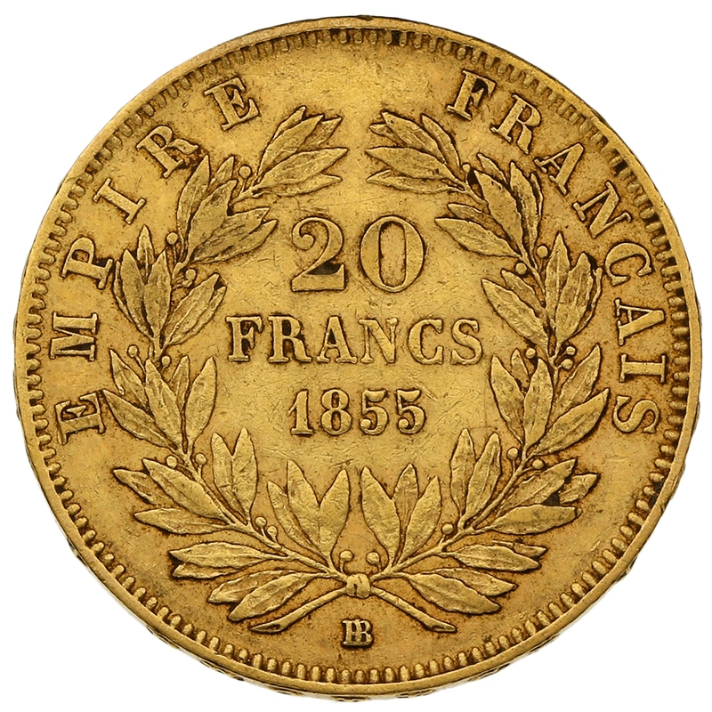 1855 French 20 Francs Gold Coin Napoleon III Bare Head BB anchor