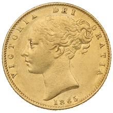 1865 Gold Sovereign Coin Queen Victoria Young Head Shield Back
