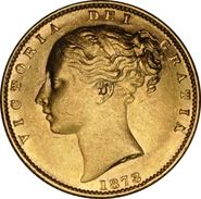 1873 Gold Sovereign Coin Queen Victoria Young Head Shield Back