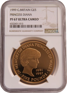 1999 Proof £5 Gold Crown Coin Diana Princess of Wales Memorial NGC PF67