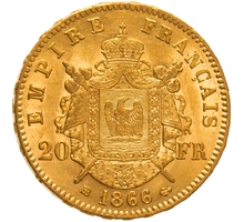 1866 French 20 Francs Gold Coin Napoleon III Laureate Head BB