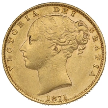1871 Gold Sovereign Coin Queen Victoria Young Head Shield Back