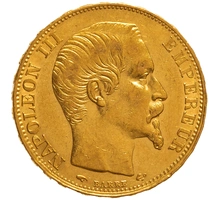 1856 French 20 Francs Gold Coin Napoleon III Bare Head A