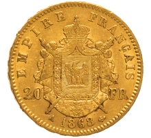 1868 French 20 Francs Gold Coin Napoleon III Laureate Head A