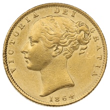 1864 Gold Sovereign - Victoria Young Head Shield Back- London