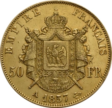 French 50 Francs Gold Coin Napoleon III Bare Head