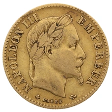 1865 French 10 Francs Gold Coin Napoleon III Laureate Head Large BB