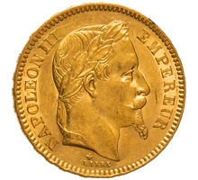 1866 French 20 Francs Gold Coin Napoleon III Laureate Head BB