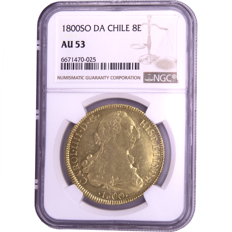 1800 Spanish 8 Escudos Gold Coin Charles IV Santiago NGC AU53