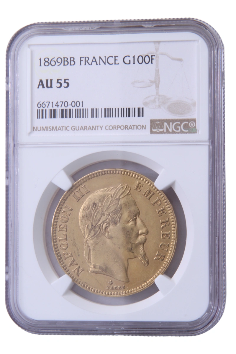 1869 French 100 Francs Gold Coin Napoleon III BB Strasbourg NGC AU55