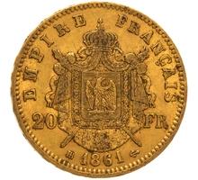 1861 French 20 Francs Gold Coin Napoleon III Laureate Head BB
