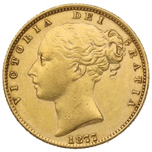 1877 Gold Sovereign - Victoria Young Head Shield Back- S