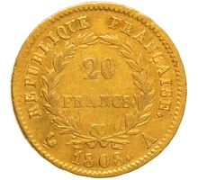 1808 French 20 Francs Gold Coin Napoleon I Laureate Head A