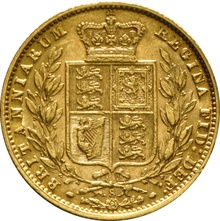 1875 Gold Sovereign - Victoria Young Head Shield Back- S
