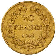 1841 French 20 Francs Gold Coin Louis-Philippe Laureate Head A