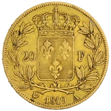 1819 French 20 Francs Gold Coin Louis XVIII Bare Head A