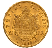 1869 20 French Francs - Napoleon III Laureate Head - A