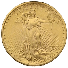 1908 $20 Gold Coin Double Eagle St Gaudens Head Philadelphia No Motto