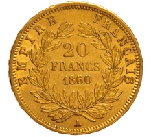 1860 20 French Francs Gold Coin Napoleon III A