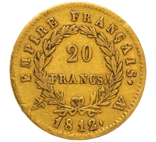 1812 French 20 Francs Gold Coin Napoleon I Laureate Head W