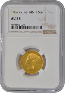 1852 Gold Sovereign Coin Queen Victoria Young Head Shield Back NGC AU58