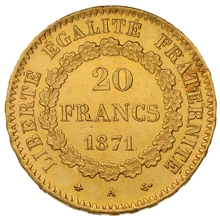 1871 French 20 Francs Gold Coin Guardian Angel A
