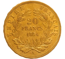 1854 20 French Francs Gold Coin Napoleon III A