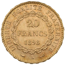 1898 French 20 Francs Gold Coin Guardian Angel A