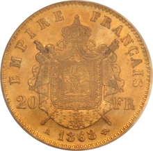 1868 French 20 Francs Gold Coin Napoleon III Laureate Head A PCGS MS62