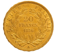 1856 French 20 Francs Gold Coin Napoleon III Bare Head A