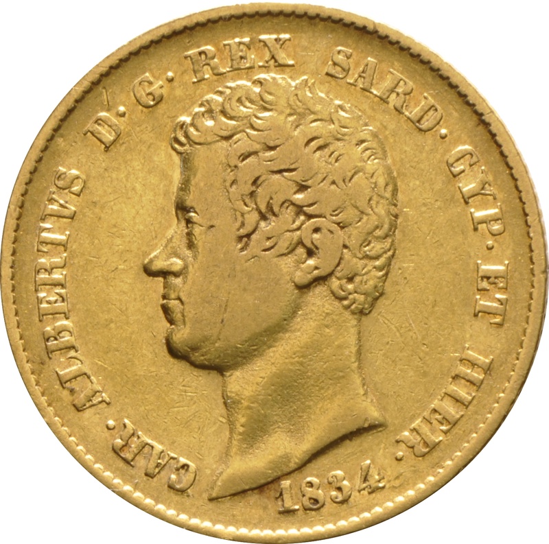 1834 Sardinian 20 Lire Gold Coin Carlo Alberto