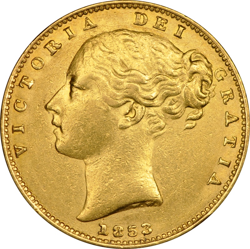 1853 Gold Sovereign - Victoria Young Head Shield Back- London