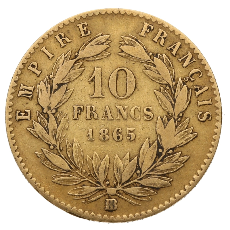 1865 French 10 Francs Gold Coin Napoleon III Laureate Head Large BB