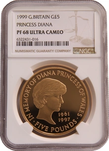 1999 Proof Gold Crown £5 Coin Diana Princess of Wales Memorial NGC PF68
